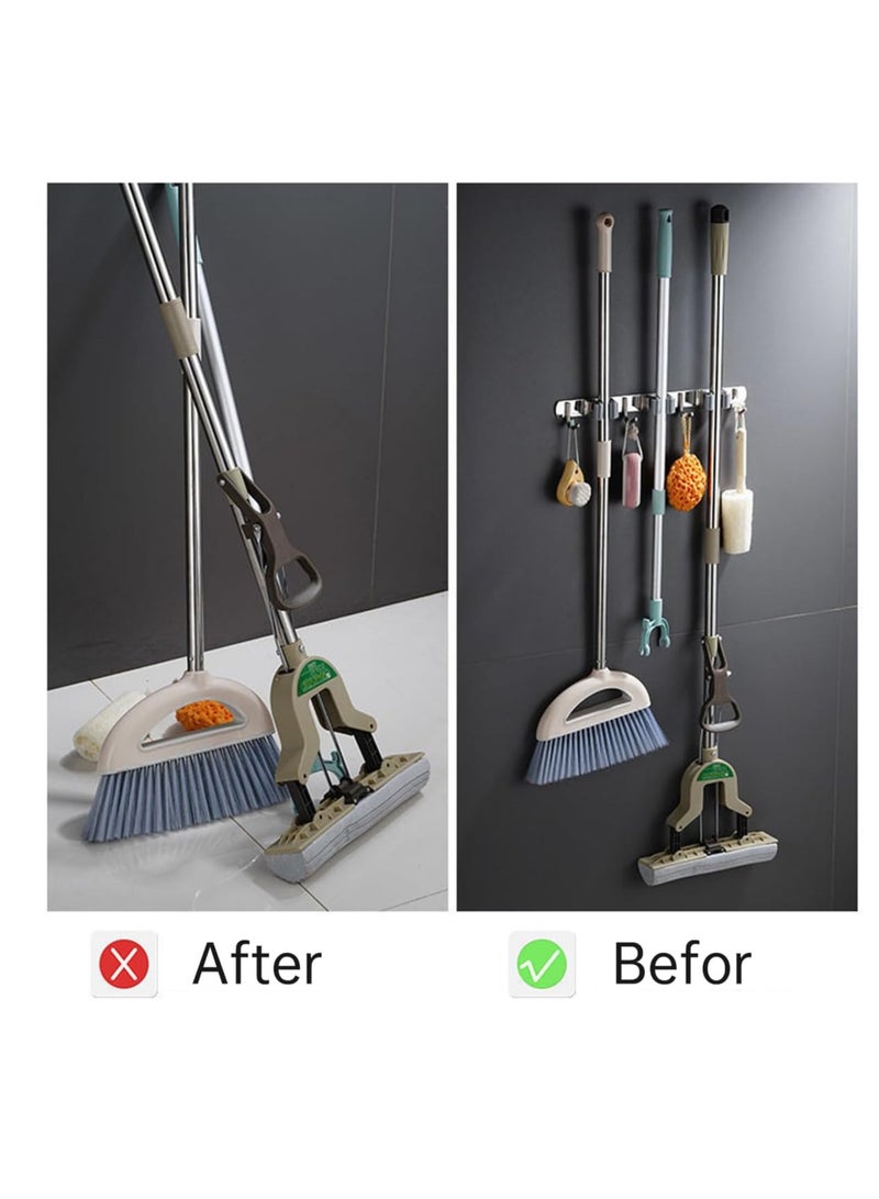 ECVV ECVV Mop Broom Holder, Wall Mount Stainless Steel Hanger, Self-Adhesive Tool Organizer, 3 Racks 4 Hooks Heavy Duty Rack No Drill for Home, Garage, Kitchen, Garden, Bathroom Storage-Silver - Image 3