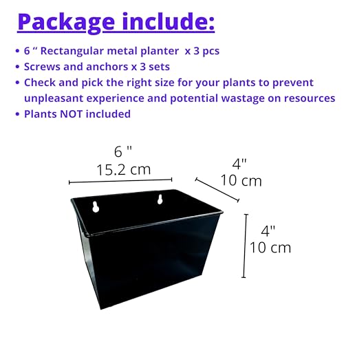 LáLáGreen LaLaGreen Wall Planter - 3 Pack, 6 Inch Wall Mount Planters for Succulents Black, Rectangular Hanging Metal Flower Pot, Long Window Boxes Fence Air Plants Holders Floating Garden Shelf for Deck Indoor - Image 2