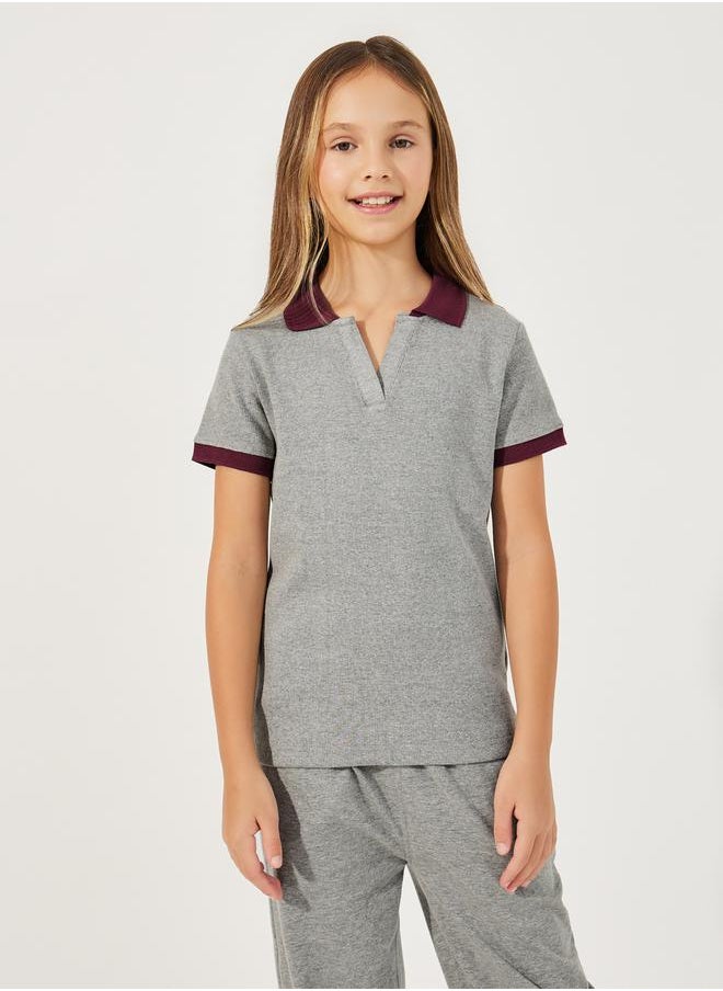 Styli Rib Knit Polo T-Shirt with Contrast Collar & Wide Leg Joggers Set  - Image 2