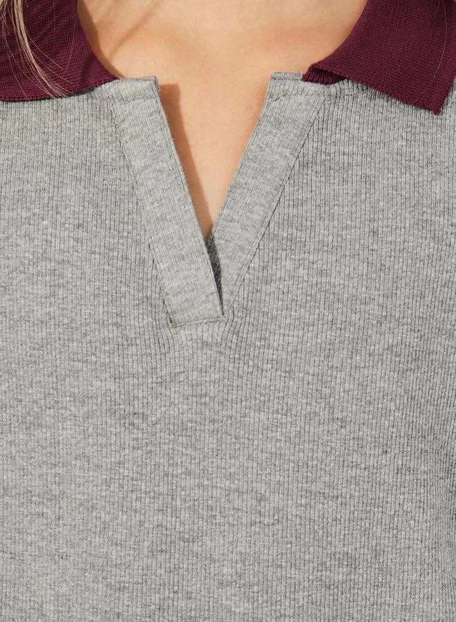 Styli Rib Knit Polo T-Shirt with Contrast Collar & Wide Leg Joggers Set