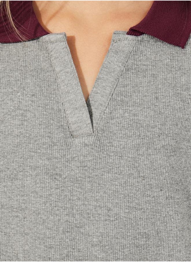 Styli Rib Knit Polo T-Shirt with Contrast Collar & Wide Leg Joggers Set  - Image 3