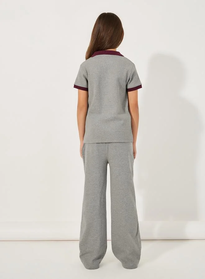 Styli Rib Knit Polo T-Shirt with Contrast Collar & Wide Leg Joggers Set