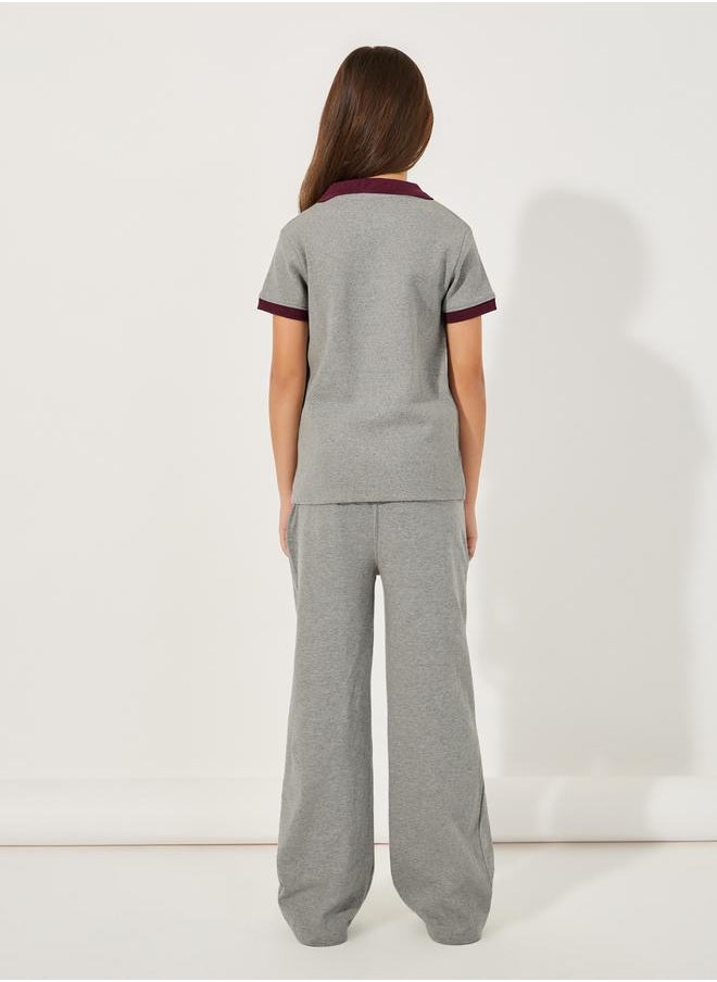 Styli Rib Knit Polo T-Shirt with Contrast Collar & Wide Leg Joggers Set  - Image 4
