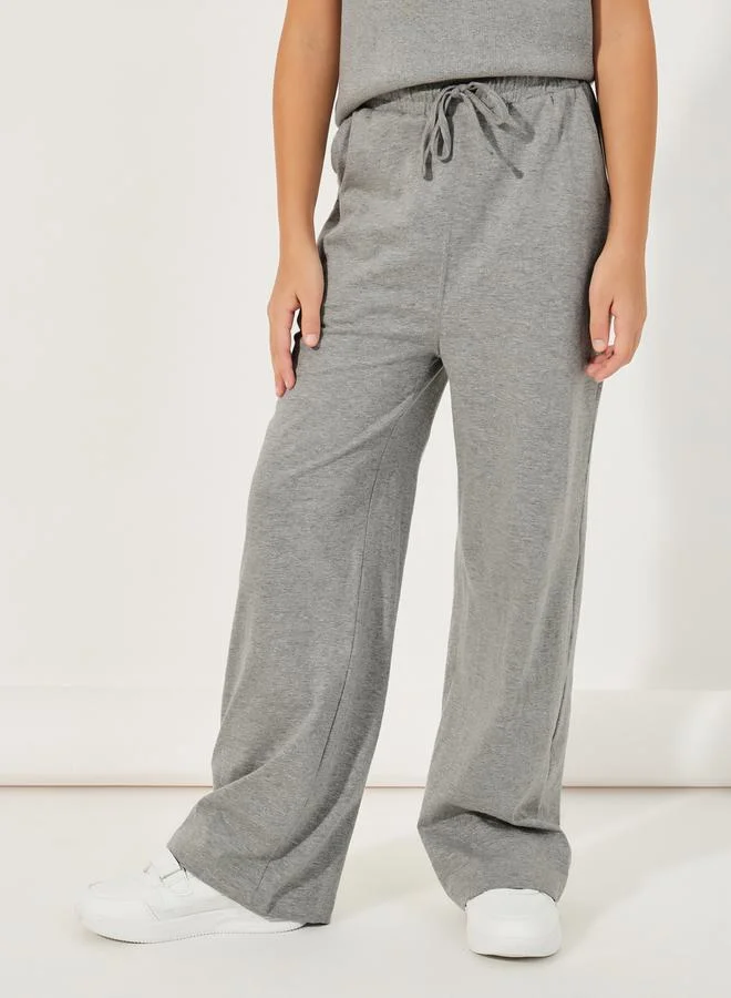 Styli Rib Knit Polo T-Shirt with Contrast Collar & Wide Leg Joggers Set