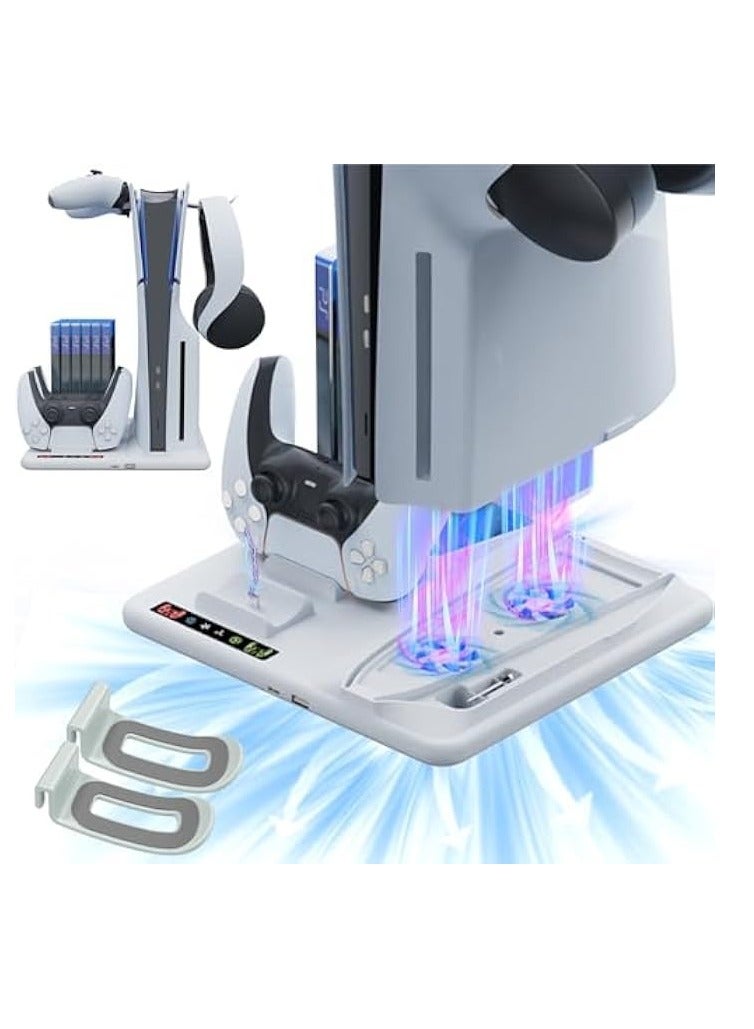 حامل تبريد متعدد الوظائف متوافق مع PS5 النحيف وقاعدة شحن وحدة التحكم مع إضاءة RGB LED ومراوح تبريد وخطافات تخزين - Image 1