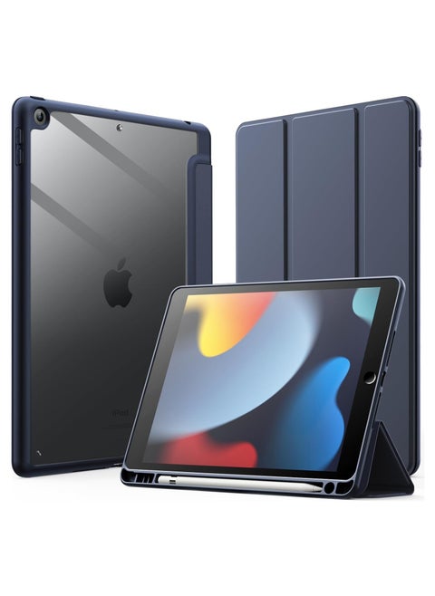 Case for iPad 9th Generation (10.2-Inch) (9th/8th/7th Generation, 2021/2020/2019) with Pencil Holder, Clear Transparent Back Shell Slim Stand Shockproof Tablet Cover, (Navy)