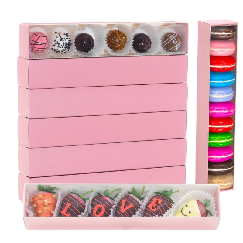 RomanticBaking 15 Pack 12x2.2x2 Inches Long Chocolate Covered Strawberry Boxes Bakery Boxes with Clear Window for Macaron, Chocolate Truffle, Cookies ,Cocoa Bombs ,Cake balls,Mini Cupcakes, Oreos ,Berries and More - Image 1