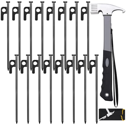 DkOvn Tent Stakes and Hammer Set 16 Pack 8in Heavy Duty Forged Steel Tent Stakes 12in Heavy Duty Camping Hammer Storage Pouch Available in Rocky Place - Image 1