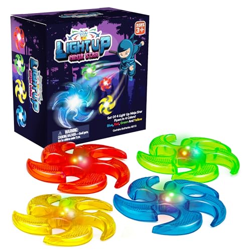 PICK A TOY Light Up Ninja Flyers Set 4 LED Electronic Stars Heavy Duty Rubber Throwing Discs Interactive Kids Toys for Tossing Games and Play 4 Colors Red Blue Yellow Green - Image 1