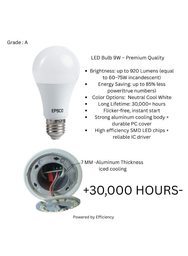 EPSCO Bulb 9 Watt, - 900 Lumens - Cat A+ aluminum cooler agent - PF 0.95 - White - E27 - Image 2