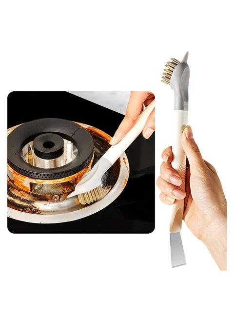 R&J Multifunctional 3 in 1 Double Head Scraper Cleaning BBQ, Grill Brush Stove Spatula Kitchen Cooktop Cleaning Tool Brass/Stainless Steel Bristles for Rust, Dirt & Paint Scrubbing(White Gray)