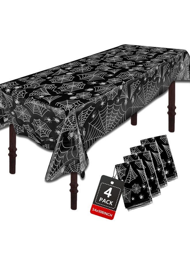 ATFUNSHOP Halloween Tablecloth Plastic 4PACKS 54 X 108 Rectangular Black Spider Web Disposable Table Cover Waterproof Spillproof Table Cloth - Perfect for Halloween Decoration Halloween Dinner Halloween Party - Image 1