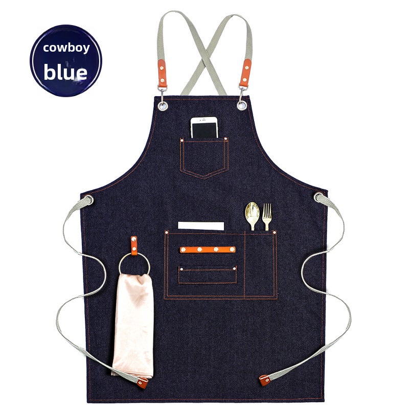 Thick Canvas Apron Custom Logo Coffee Brown for CafesBlue Ribbon Denim Ring Blue Ribbon Denim Ring