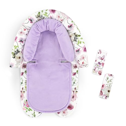 GFU Baby Car Seat Head Support for Newborn 2 in 1 Infant Car Seat Head Body Support with Strap Pads Soft Stroller Cushion Pillow Insert for Girls and Boys Fits for Stroller Swing Purple Floral - Image 1