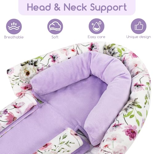 GFU Baby Car Seat Head Support for Newborn 2 in 1 Infant Car Seat Head Body Support with Strap Pads Soft Stroller Cushion Pillow Insert for Girls and Boys Fits for Stroller Swing Purple Floral - Image 3