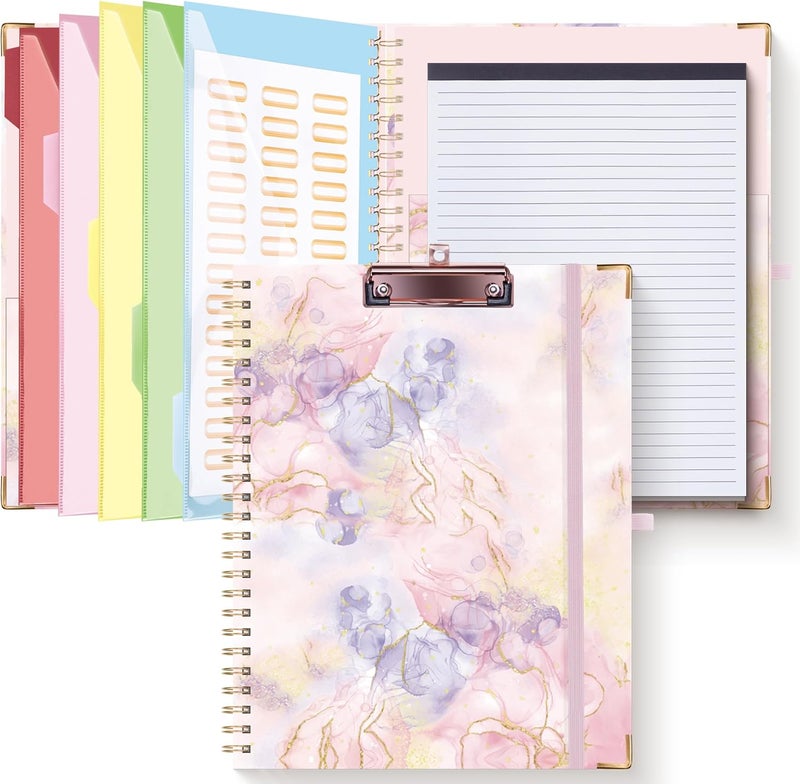 Hautoco Clipboard Folio with Refillable Notepad for Letter Size (11" x 8.5"), 5 Dividers with 10 Pockets, Elastic Pen Holder and File Folder Labels, Spiral Nurse Clipboard Artboard(Pink Marble) - Image 1