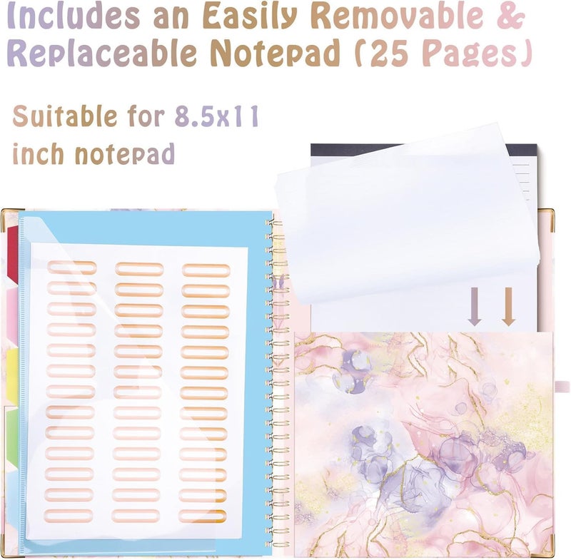 Hautoco Clipboard Folio with Refillable Notepad for Letter Size (11" x 8.5"), 5 Dividers with 10 Pockets, Elastic Pen Holder and File Folder Labels, Spiral Nurse Clipboard Artboard(Pink Marble) - Image 4
