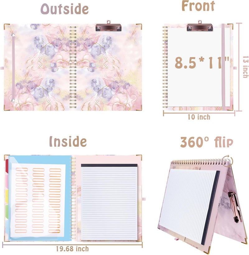 Hautoco Clipboard Folio with Refillable Notepad for Letter Size (11" x 8.5"), 5 Dividers with 10 Pockets, Elastic Pen Holder and File Folder Labels, Spiral Nurse Clipboard Artboard(Pink Marble) - Image 2
