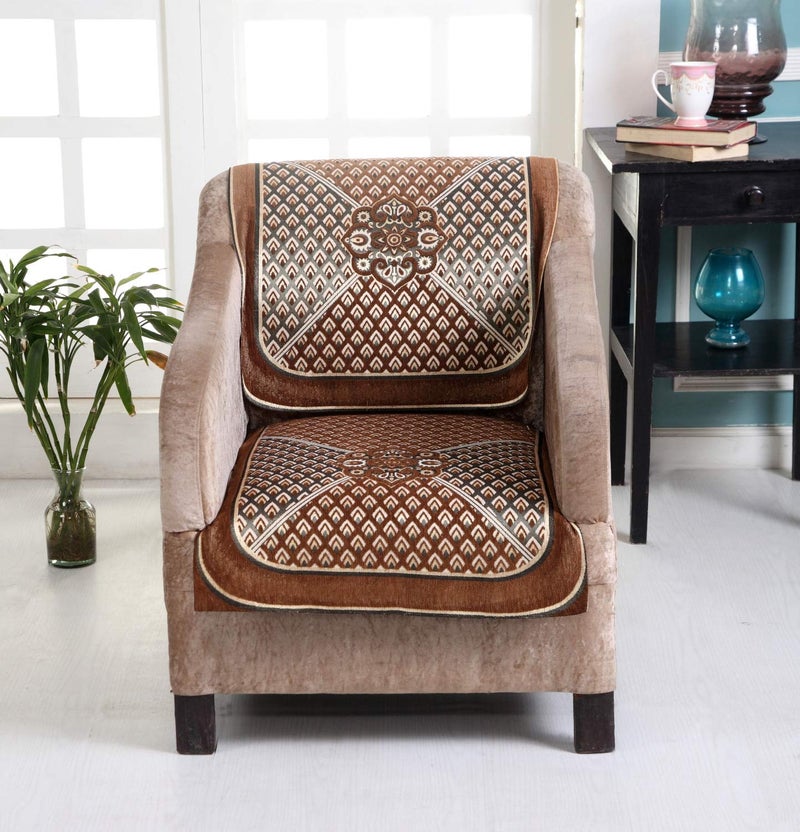 Nendle Jacquard Geometric Weaved Sofa Cover Set of 3 Seater Velvet (Camel, 2 Pieces) - Image 3