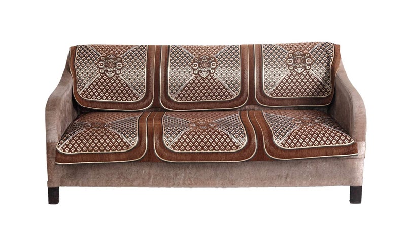Nendle Jacquard Geometric Weaved Sofa Cover Set of 3 Seater Velvet (Camel, 2 Pieces) - Image 1
