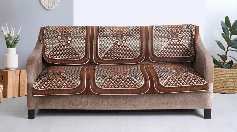 Nendle Jacquard Geometric Weaved Sofa Cover Set of 3 Seater Velvet (Camel, 2 Pieces) - Image 2