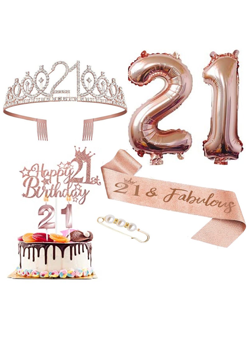 HIHILOOK 21th Birthday Decorations for Girls, Including 21year old Birthday Cake Topper, Birthday Queen Sash with Pearl Pin, Sweet Rhinestone Tiara Crown, Number Candles and Balloons Set, Rose Gold 