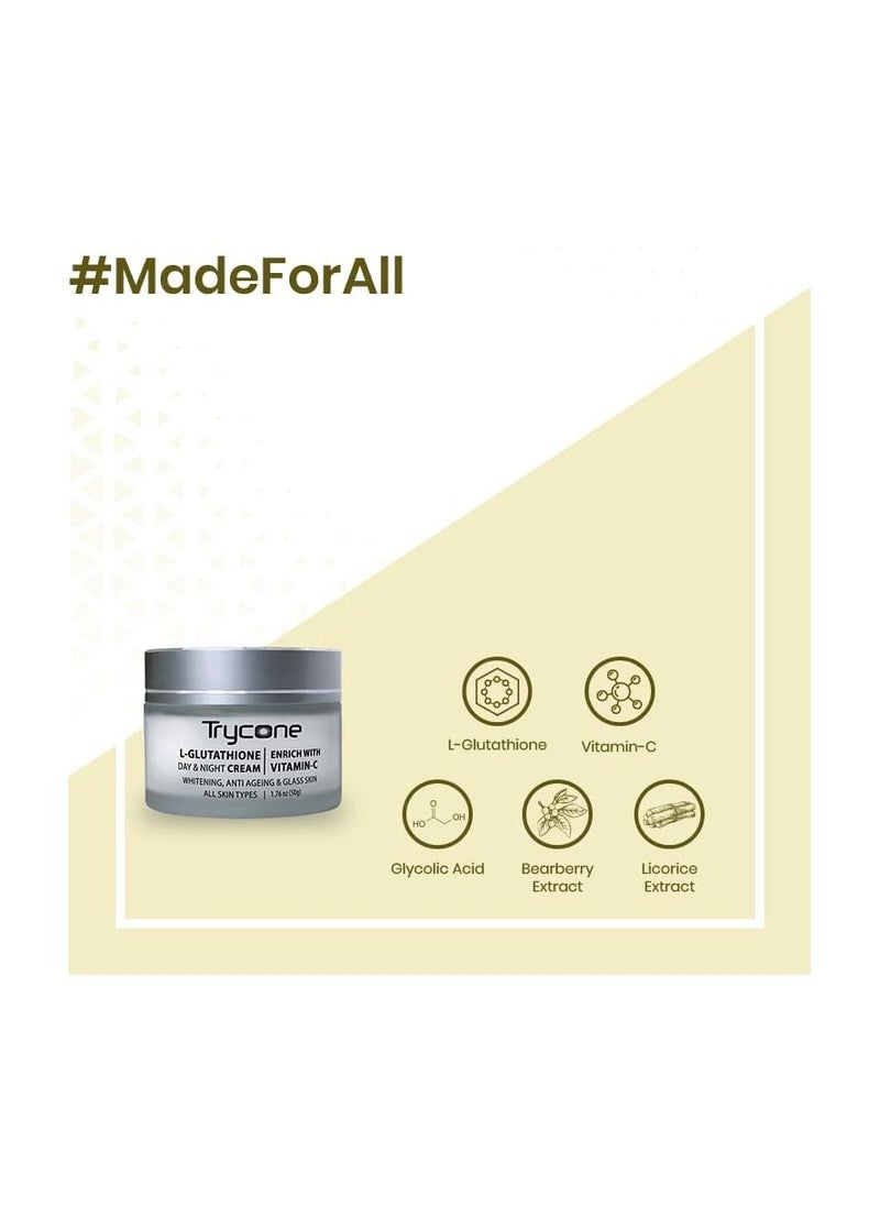 Trycone - L Glutathione And Vitamin C Skin Whitening Cream For Anti Ageing And Glass Skin Enrich With Natural Actives 50Gm - Image 1
