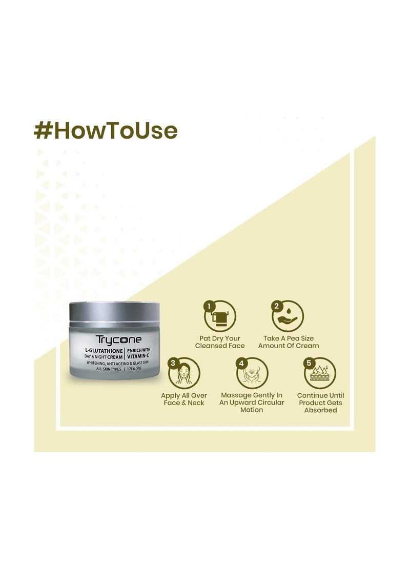 Trycone - L Glutathione And Vitamin C Skin Whitening Cream For Anti Ageing And Glass Skin Enrich With Natural Actives 50Gm - Image 1