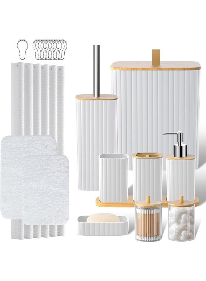 DUNISO 24 Pieces Bathroom Accessories Set with shower curtain and floor mat,Modern Bathroom Decor with Bamboo Accents, Gift for Home Apartment（White） - Image 1