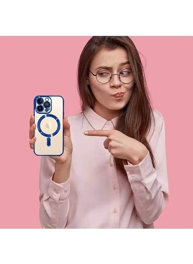 HY - iPhone 15 Pro Max Electroplated Case (Blue/Clear), Camera Lens Full Protection, Compatible with MagSafe Wireless Charging, Shockproof Soft TPU Dust-Proof Slim Phone iPhone 15 Pro Max Cover 6.7 Inch - Image 1