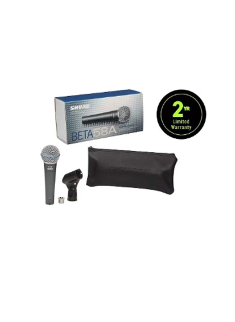 Shure - Vocal Microphone - Single Element Supercardioid Dynamic Mic For Stage Studio, Includes A25D Adjustable Stand Adapter, 5/8 To 3/8 Inch Euro Thread Adapter And Storage Bag Beta 58A Silver - Image 1