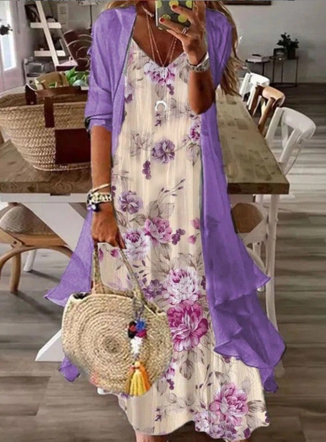 in stock Cross-border 2025 European and American Summer Womens Printed Vacation Strap Dress Indian Style Big Swing Dress Two-piece Set 27th - Image 1