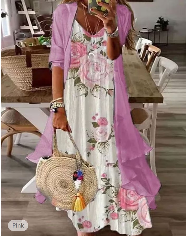 in stock Cross-border 2025 European and American Summer Womens Printed Vacation Strap Dress Indian Style Big Swing Dress Two-piece Set 27th - Image 2