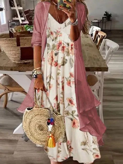 in stock Cross-border 2025 European and American Summer Womens Printed Vacation Strap Dress Indian Style Big Swing Dress Two-piece Set 27th - Image 3