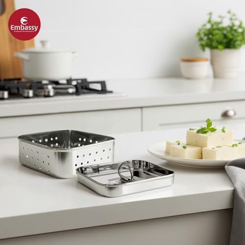 Embassy Stainless Steel Square Paneer Mould/Maker/Strainer | 500 ml | Dimension 12.5 x 12.5 cms | Size 3 | Perfect for Making Homemade Paneer/Cheese/Tofu | Dishwasher Safe - Image 3
