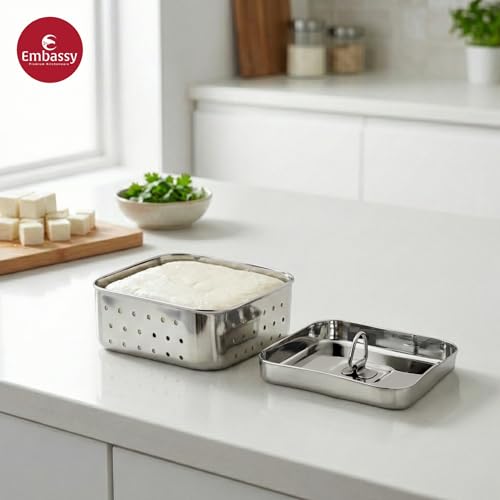 Embassy Stainless Steel Square Paneer Mould/Maker/Strainer | 500 ml | Dimension 12.5 x 12.5 cms | Size 3 | Perfect for Making Homemade Paneer/Cheese/Tofu | Dishwasher Safe - Image 2
