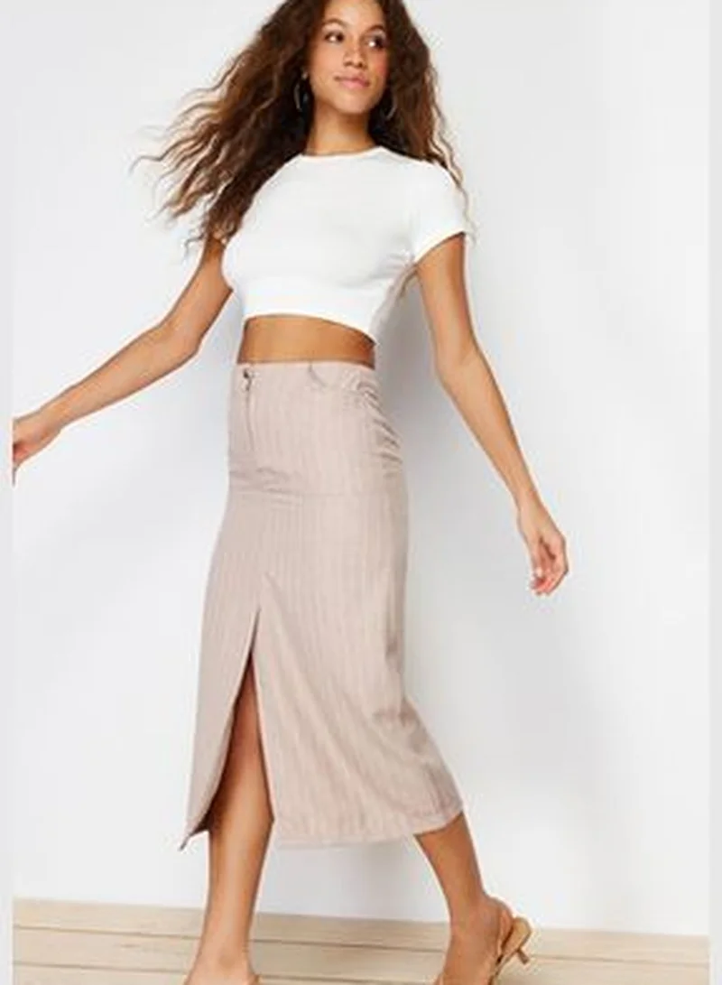 trendyol Beige Striped Slit Detailed Midi Woven Skirt TWOSS24ET00100