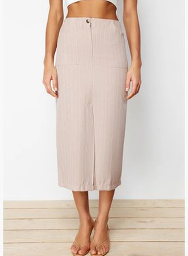 trendyol Beige Striped Slit Detailed Midi Woven Skirt TWOSS24ET00100