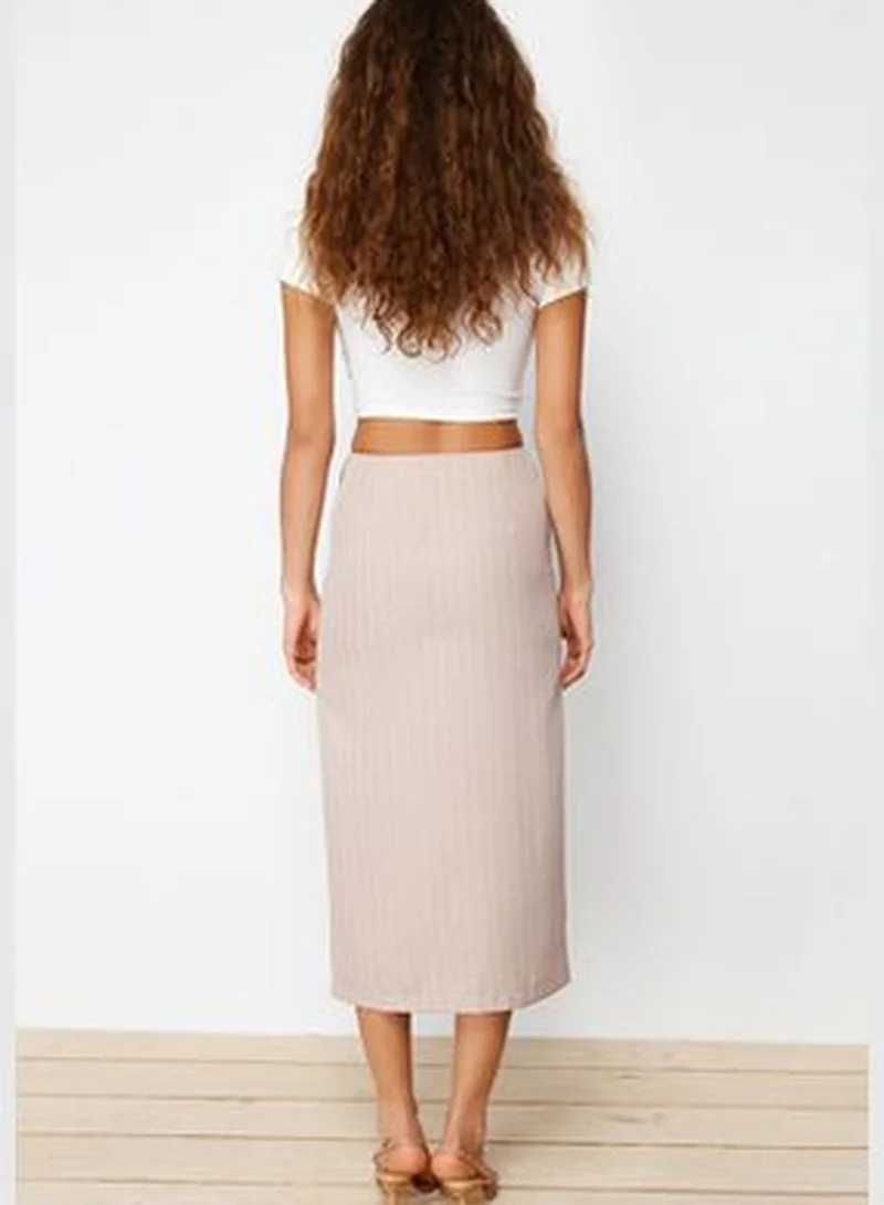 trendyol Beige Striped Slit Detailed Midi Woven Skirt TWOSS24ET00100