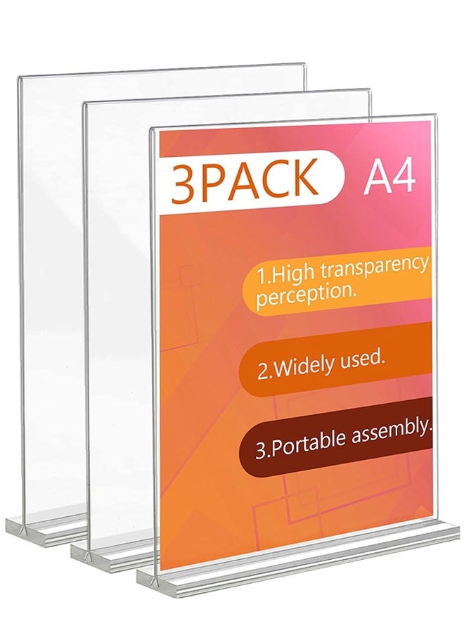 حامل لافتات أكريليك A4، 3 حزم حامل لافتات عمودي على شكل حرف T مع قاعدة، حاملات منشورات زجاجية شفافة على الوجهين لطاولة المكتب للمطعم والمكتب والمتجر والمنزل لعرض إطارات الصور - Image 1