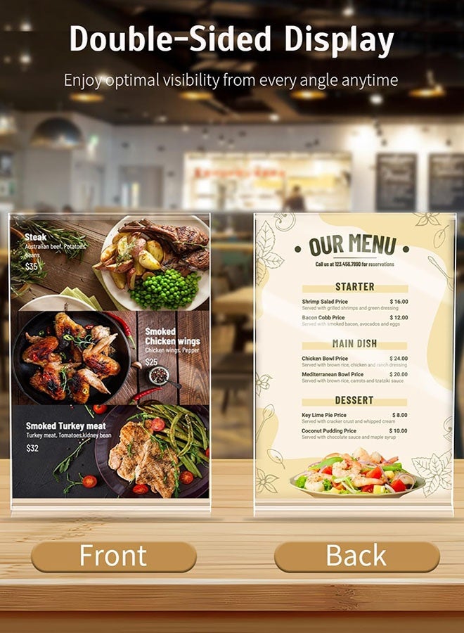 حامل لافتات أكريليك A4، 3 حزم حامل لافتات عمودي على شكل حرف T مع قاعدة، حاملات منشورات زجاجية شفافة على الوجهين لطاولة المكتب للمطعم والمكتب والمتجر والمنزل لعرض إطارات الصور - Image 5