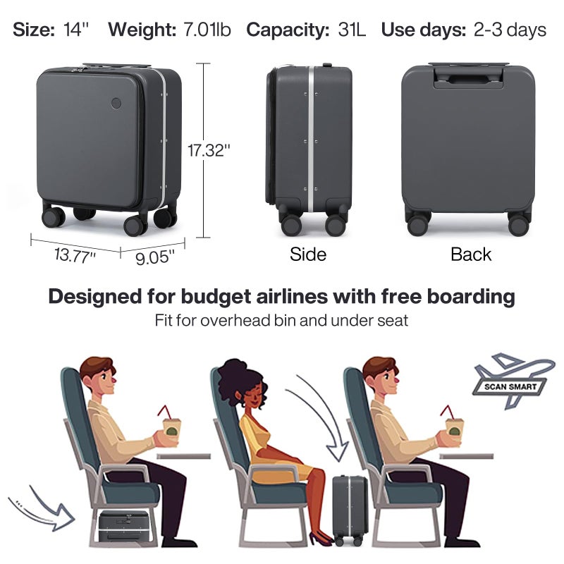 mixi 17x14x9 Carry On Luggage Underseat PC Hard Shell Suitcase Top Opening Aluminum Frame Travel Suitcases with Wheels, Rock Gray - Image 5