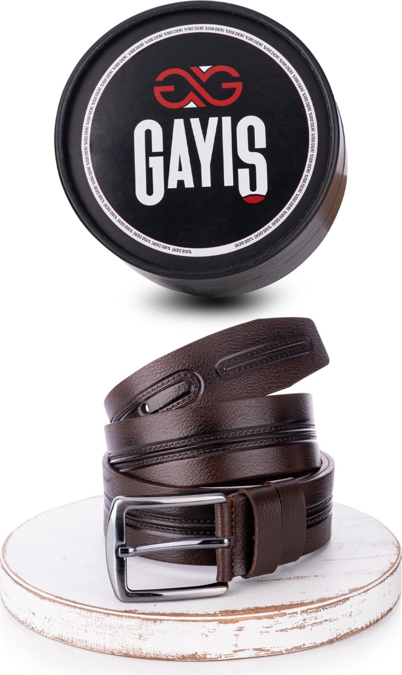 Gayış Gaış Special Oval Box | 100% Genuine Buffalo Leather | Denim-Fabric Brown Men's Belt | Gift Dowry Belt - Image 1