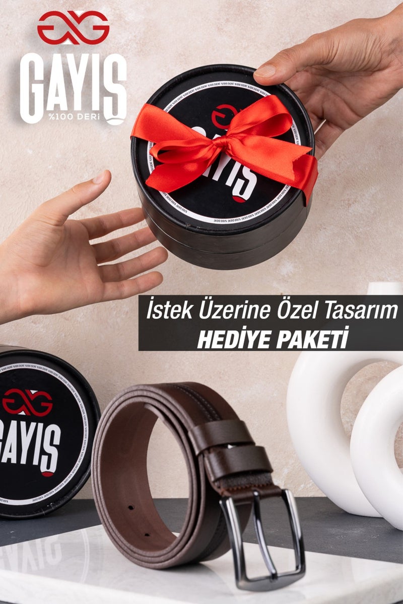 Gayış Gaış Special Oval Box | 100% Genuine Buffalo Leather | Denim-Fabric Brown Men's Belt | Gift Dowry Belt - Image 4