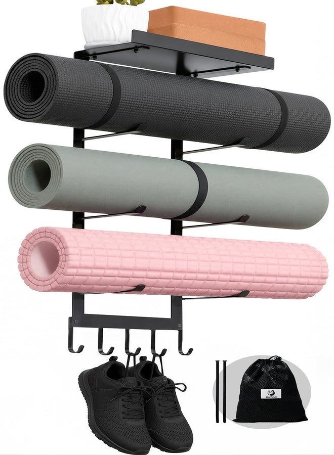 Slim Panda Yoga Mat Holder Wall Mount with Mesh Bag, 4-Tier Metal Storage Rack with Floating Shelf & 5 Hooks, Large Home Gym Organizer for Foam Rollers, Resistance Bands & Yoga Accessories - Image 1