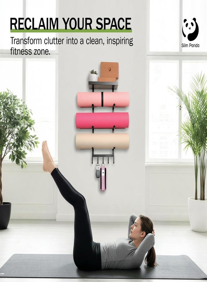Slim Panda Yoga Mat Holder Wall Mount with Mesh Bag, 4-Tier Metal Storage Rack with Floating Shelf & 5 Hooks, Large Home Gym Organizer for Foam Rollers, Resistance Bands & Yoga Accessories - Image 3