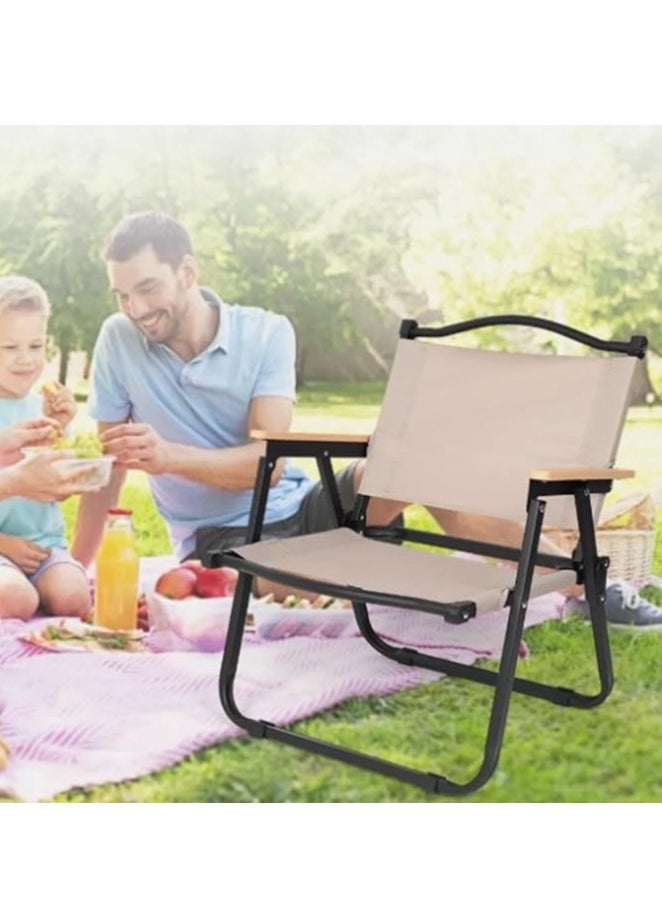 Generic 2pcs Camping Chair Folding Chair Beach Picnic Seat Portable Fishing Chair with Solid Wood Armrest Beige Oxford Cloth for Outdoor Garden Backyard Pool Picnic  - Image 2