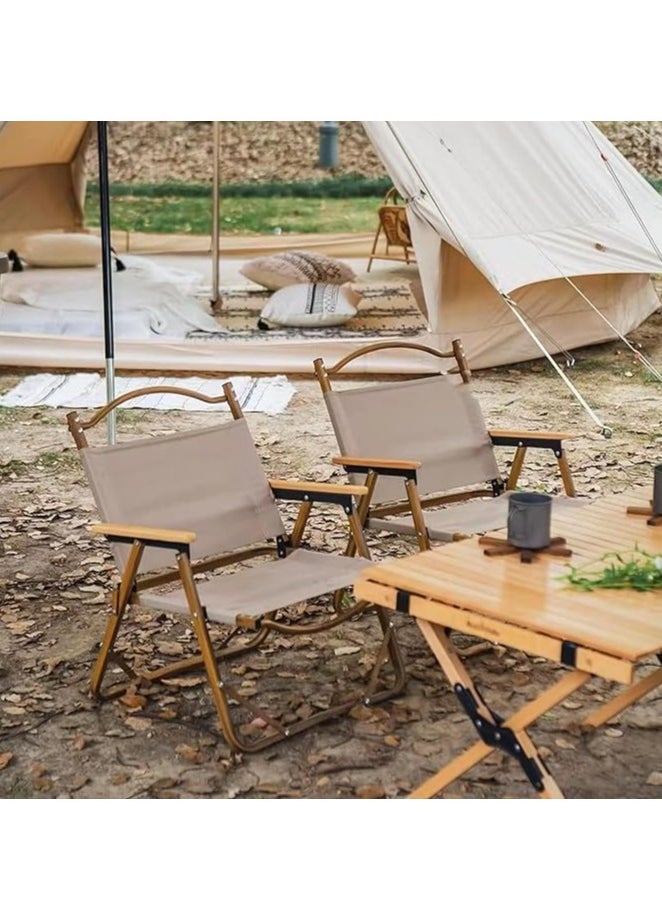 Generic 2pcs Camping Chair Folding Chair Beach Picnic Seat Portable Fishing Chair with Solid Wood Armrest Beige Oxford Cloth for Outdoor Garden Backyard Pool Picnic  - Image 4