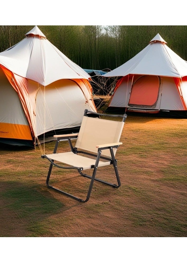 Generic 2pcs Camping Chair Folding Chair Beach Picnic Seat Portable Fishing Chair with Solid Wood Armrest Beige Oxford Cloth for Outdoor Garden Backyard Pool Picnic  - Image 3