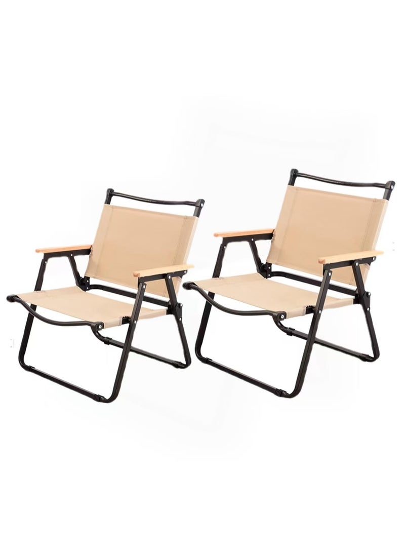 Generic 2pcs Camping Chair Folding Chair Beach Picnic Seat Portable Fishing Chair with Solid Wood Armrest Beige Oxford Cloth for Outdoor Garden Backyard Pool Picnic  - Image 1
